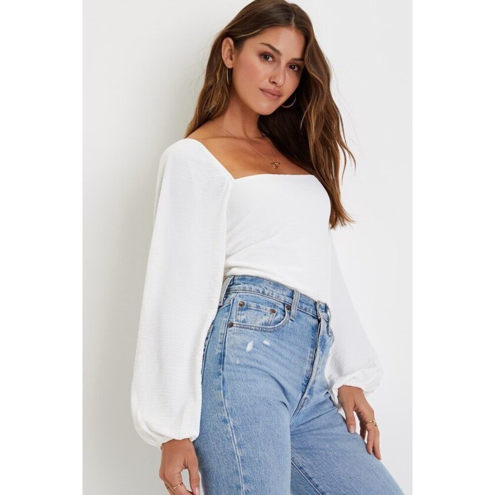 Lulus Abundance Of Love White Textured Long Sleeve Tie-back Bodysuit - Size M